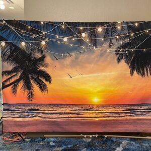 🌅 10’ x 7’ Photo Booth Backdrop Sunset Large Beach Palm Tree Photo Patio Lights